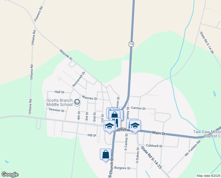 map of restaurants, bars, coffee shops, grocery stores, and more near 32 Parson Street in Summerton