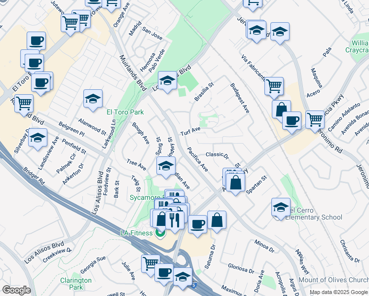 map of restaurants, bars, coffee shops, grocery stores, and more near 25266 Pacifica Avenue in Mission Viejo