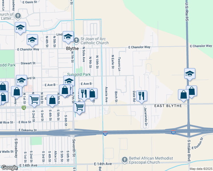 map of restaurants, bars, coffee shops, grocery stores, and more near 265 Acacia Avenue in Blythe