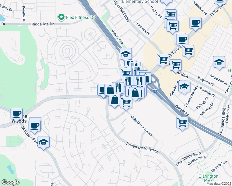 map of restaurants, bars, coffee shops, grocery stores, and more near 24031 El Toro Road in Laguna Hills