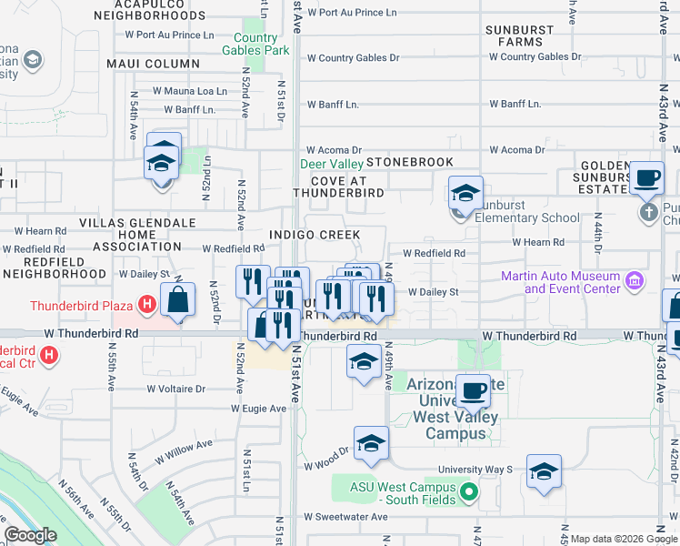 map of restaurants, bars, coffee shops, grocery stores, and more near Unnamed Road in Glendale
