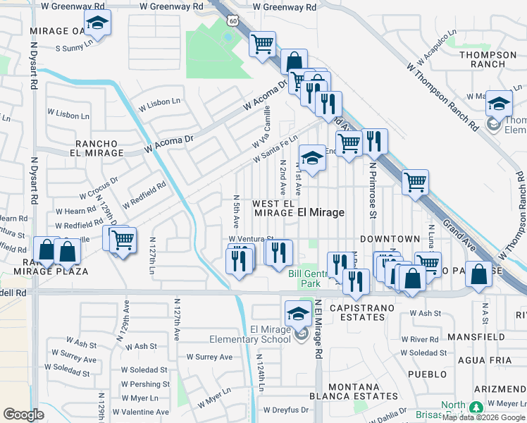 map of restaurants, bars, coffee shops, grocery stores, and more near 14301 North 3rd Avenue in El Mirage