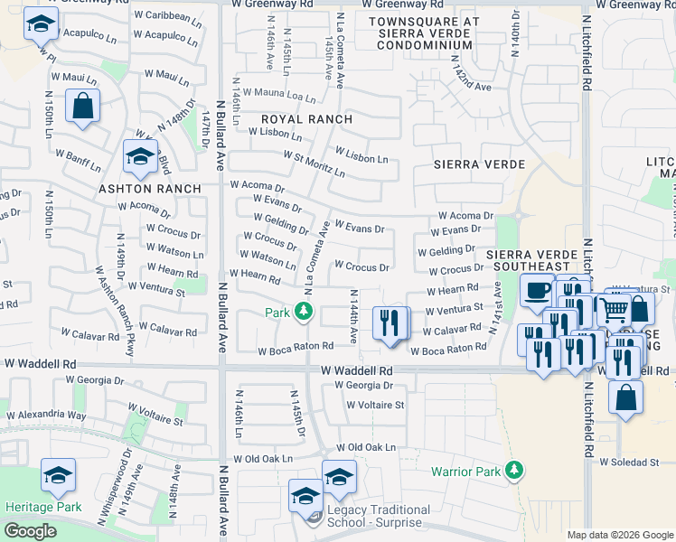 map of restaurants, bars, coffee shops, grocery stores, and more near 14434 West Crocus Drive in Surprise
