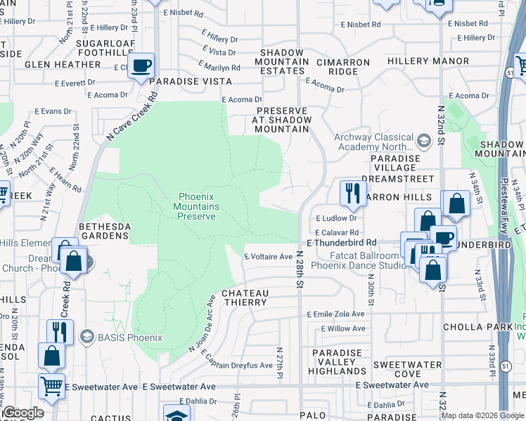map of restaurants, bars, coffee shops, grocery stores, and more near 2704 East Friess Drive in Phoenix