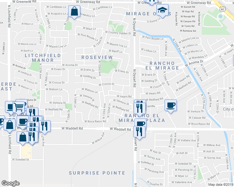 map of restaurants, bars, coffee shops, grocery stores, and more near 13233 West Watson Lane in Surprise