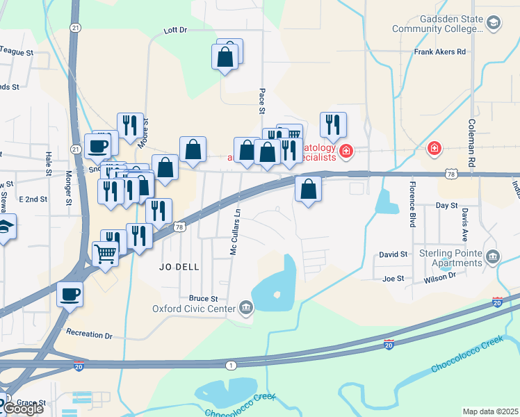 map of restaurants, bars, coffee shops, grocery stores, and more near 1112 Highway Drive in Oxford