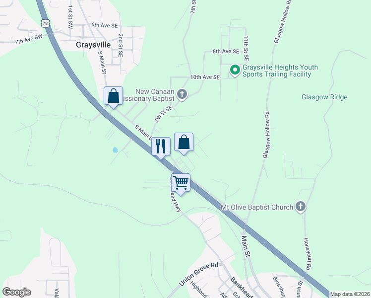 map of restaurants, bars, coffee shops, grocery stores, and more near 1490 1st Street Southeast in Graysville