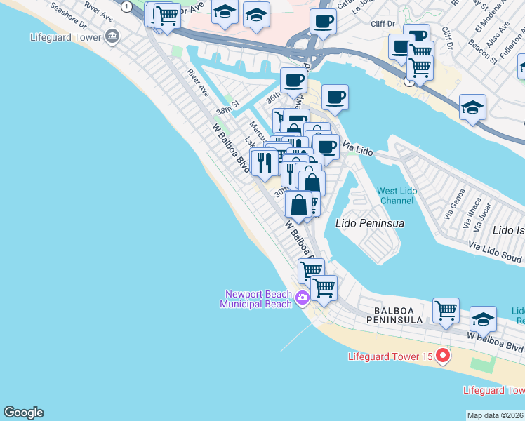 map of restaurants, bars, coffee shops, grocery stores, and more near 110 30th Street in Newport Beach