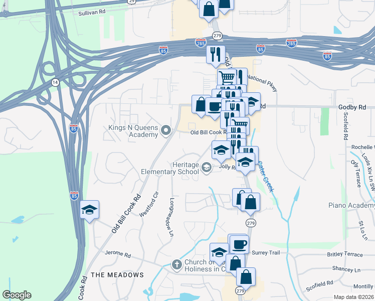 map of restaurants, bars, coffee shops, grocery stores, and more near 2675 Dunmoreland Terrace in College Park