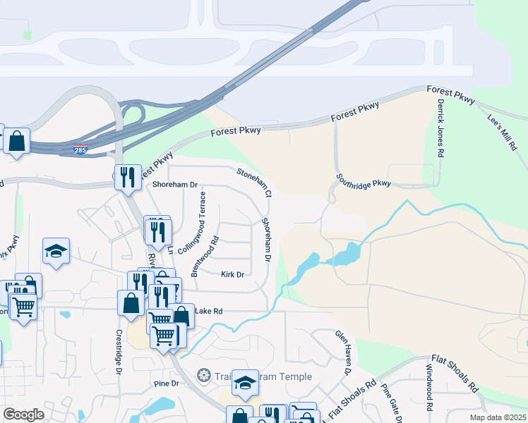 map of restaurants, bars, coffee shops, grocery stores, and more near 1247 Shoreham Drive in Atlanta