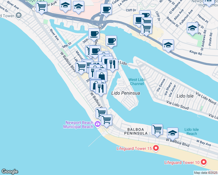 map of restaurants, bars, coffee shops, grocery stores, and more near 2810 Villa Way in Newport Beach