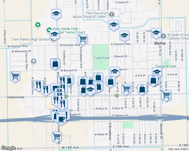 map of restaurants, bars, coffee shops, grocery stores, and more near 291 North Main Street in Blythe
