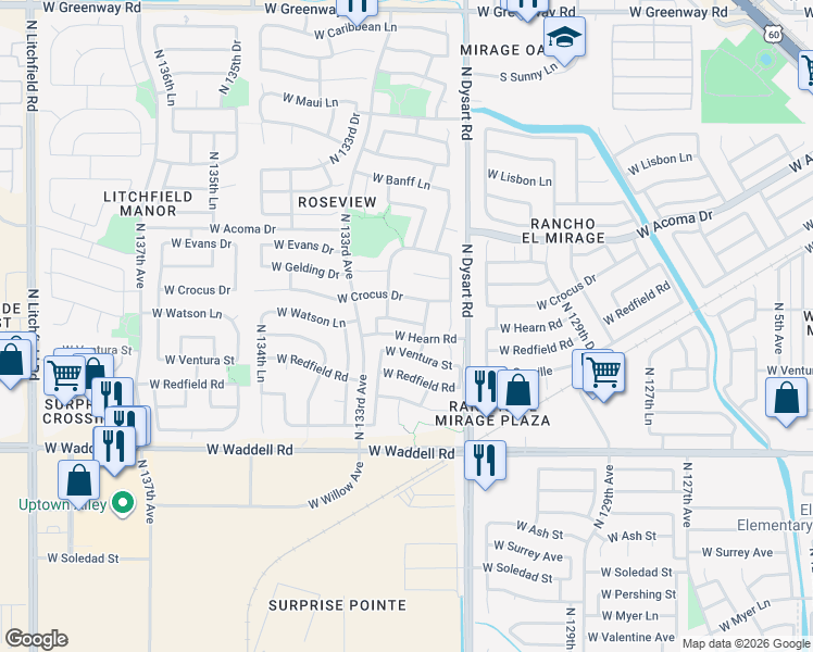 map of restaurants, bars, coffee shops, grocery stores, and more near 13198 West Watson Lane in Surprise