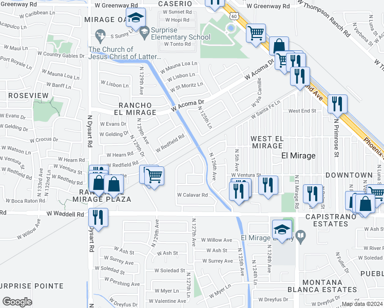 map of restaurants, bars, coffee shops, grocery stores, and more near 12714 West Santa Fe Lane in El Mirage