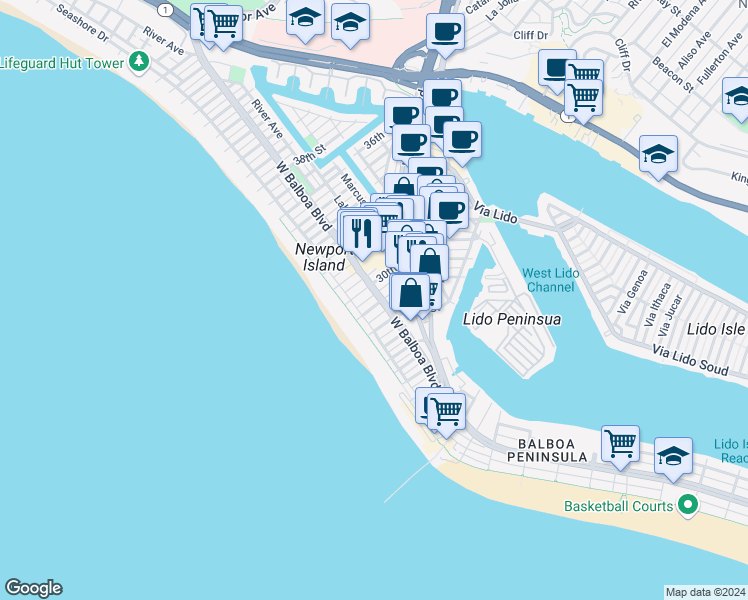 map of restaurants, bars, coffee shops, grocery stores, and more near 125 29th Street in Newport Beach