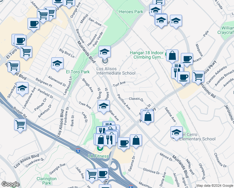 map of restaurants, bars, coffee shops, grocery stores, and more near 25266 Pacifica Avenue in Mission Viejo