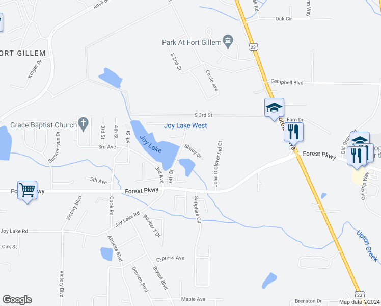map of restaurants, bars, coffee shops, grocery stores, and more near 2299 Shady Drive in Morrow