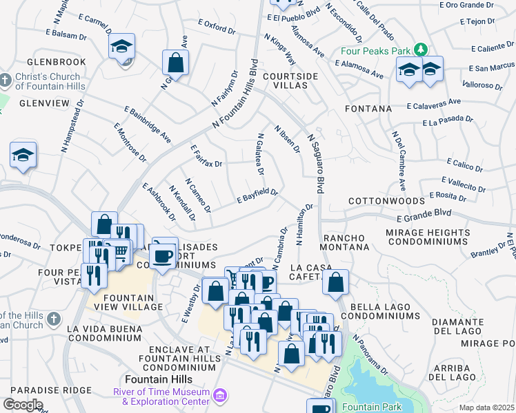map of restaurants, bars, coffee shops, grocery stores, and more near 16665 East Bayfield Drive in Fountain Hills