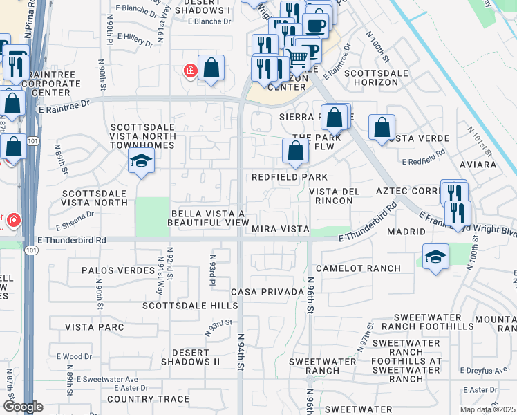 map of restaurants, bars, coffee shops, grocery stores, and more near 14015 North 94th Street in Scottsdale