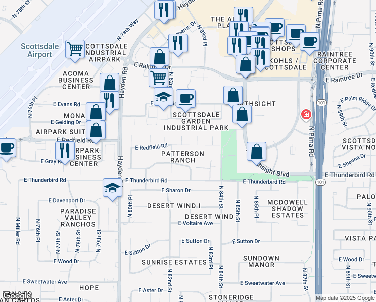 map of restaurants, bars, coffee shops, grocery stores, and more near 8217 East Redfield Road in Scottsdale