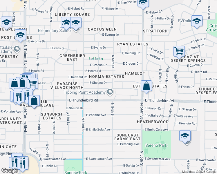 map of restaurants, bars, coffee shops, grocery stores, and more near 5317 East Sheena Drive in Scottsdale