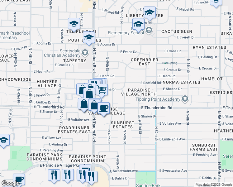 map of restaurants, bars, coffee shops, grocery stores, and more near 4901 East Sheena Drive in Scottsdale