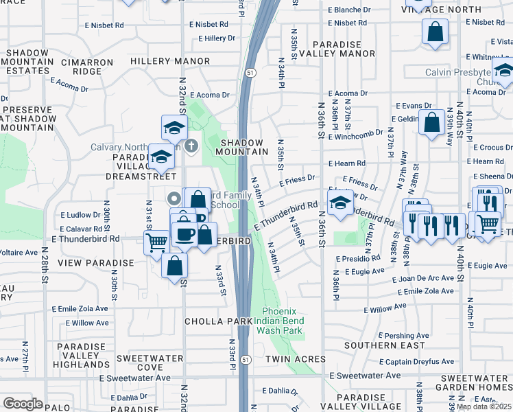 map of restaurants, bars, coffee shops, grocery stores, and more near 3450 East Ludlow Drive in Phoenix