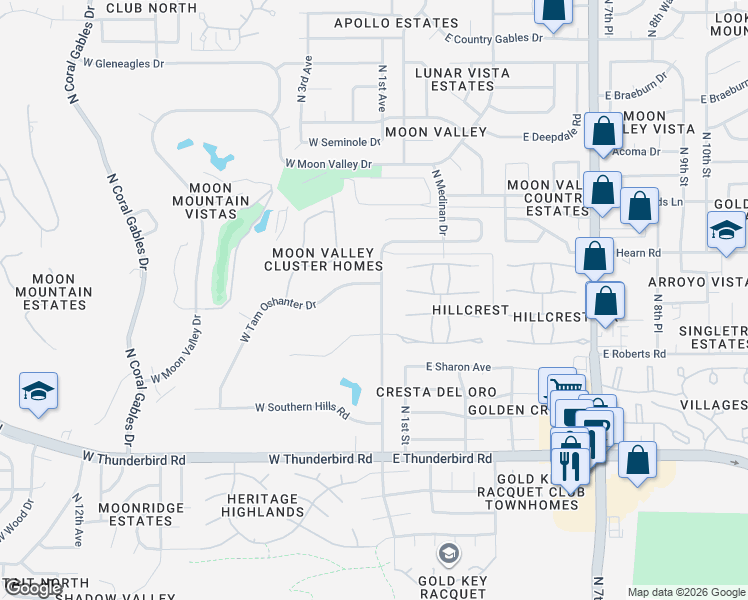 map of restaurants, bars, coffee shops, grocery stores, and more near 39 West Tam Oshanter Drive in Phoenix