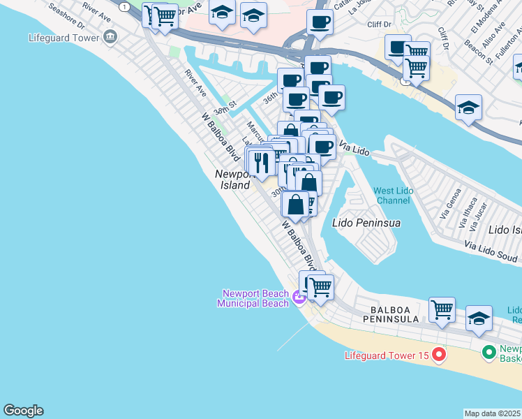 map of restaurants, bars, coffee shops, grocery stores, and more near 126 30th Street in Newport Beach