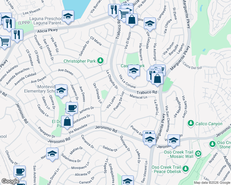 map of restaurants, bars, coffee shops, grocery stores, and more near 24058 La Chiquita Drive in Mission Viejo
