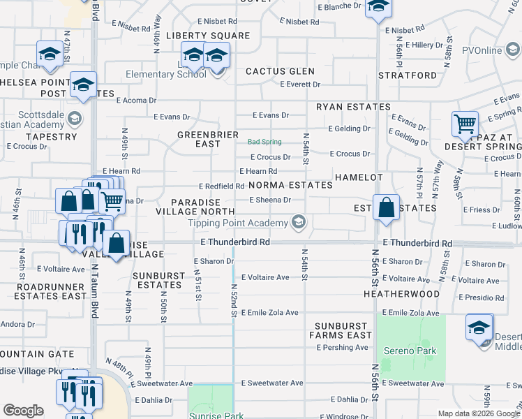 map of restaurants, bars, coffee shops, grocery stores, and more near 5233 East Sheena Drive in Scottsdale
