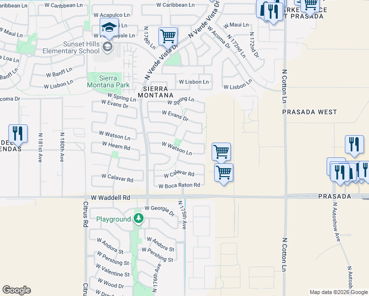 map of restaurants, bars, coffee shops, grocery stores, and more near 17467 West Crocus Drive in Surprise