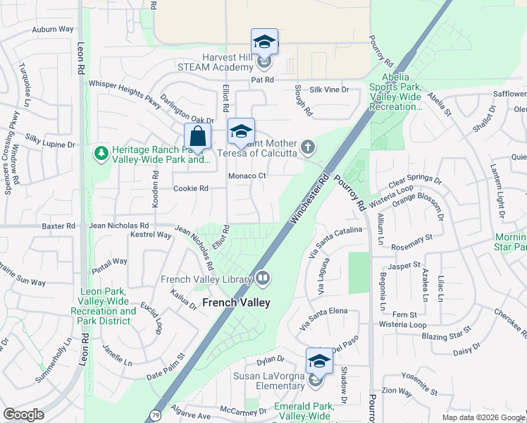map of restaurants, bars, coffee shops, grocery stores, and more near 34928 Lava Tree Lane in Winchester