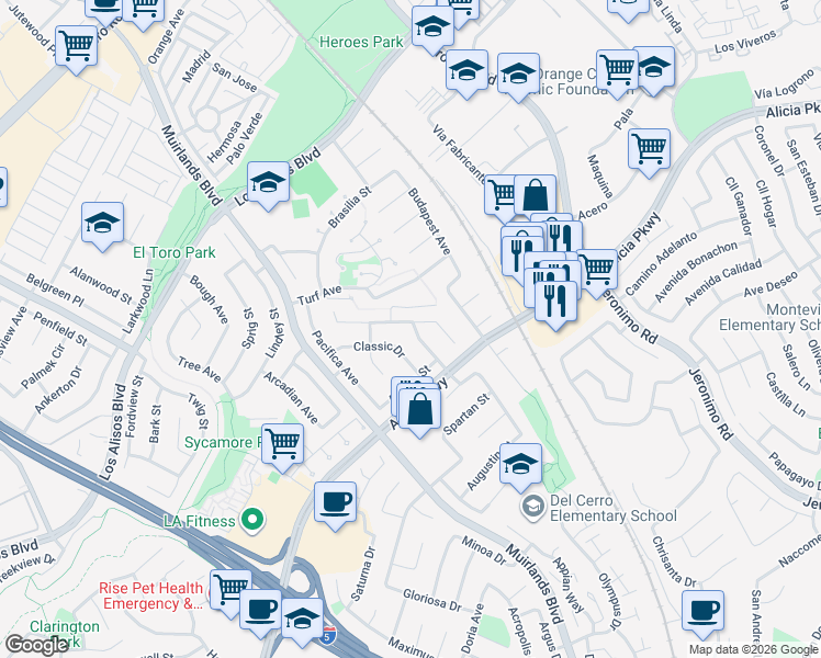 map of restaurants, bars, coffee shops, grocery stores, and more near 25501 Adriana Street in Mission Viejo