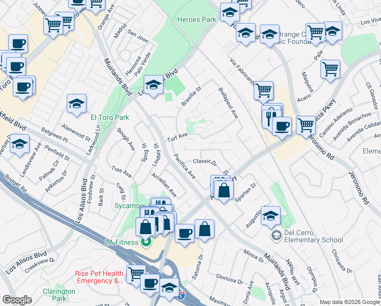 map of restaurants, bars, coffee shops, grocery stores, and more near 25372 Adriana Street in Mission Viejo