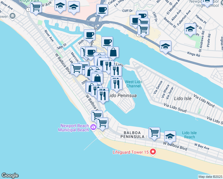 map of restaurants, bars, coffee shops, grocery stores, and more near 2806 The Rhine in Newport Beach