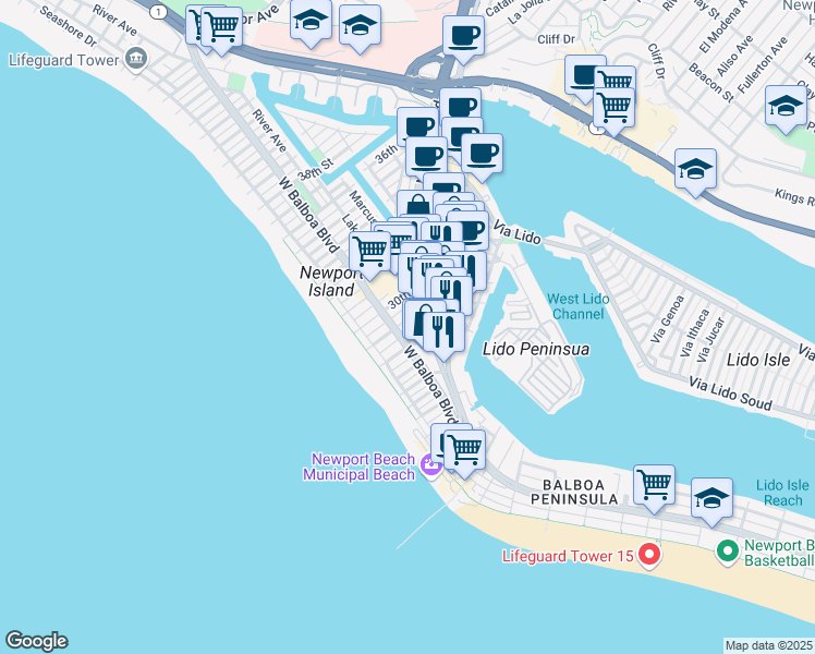 map of restaurants, bars, coffee shops, grocery stores, and more near 206 29th Street in Newport Beach