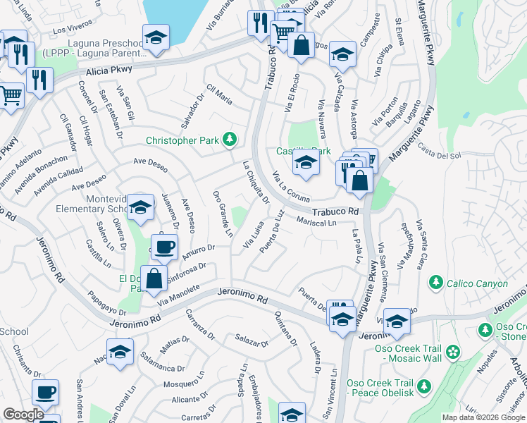 map of restaurants, bars, coffee shops, grocery stores, and more near 24058 La Chiquita Drive in Mission Viejo