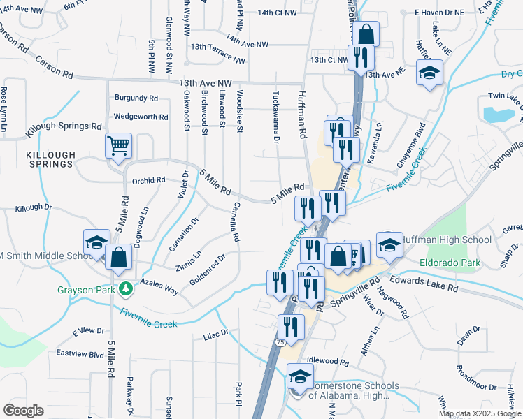 map of restaurants, bars, coffee shops, grocery stores, and more near 1417 5 Mile Road in Birmingham