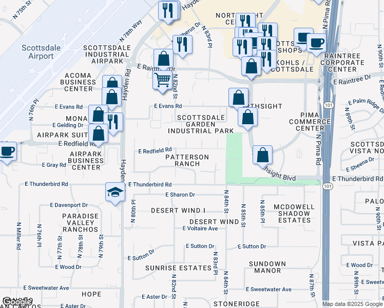 map of restaurants, bars, coffee shops, grocery stores, and more near 8217 East Redfield Road in Scottsdale