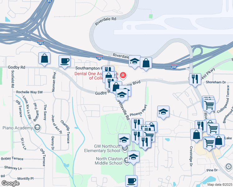 map of restaurants, bars, coffee shops, grocery stores, and more near 0 West Fayetteville Road in College Park