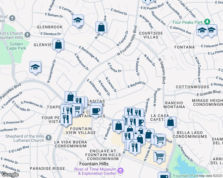 map of restaurants, bars, coffee shops, grocery stores, and more near 14016 North Cameo Drive in Fountain Hills