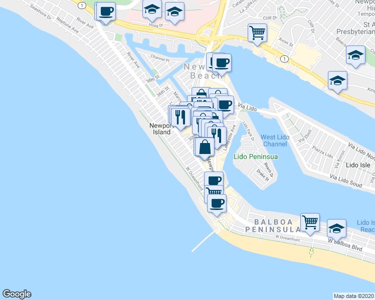 map of restaurants, bars, coffee shops, grocery stores, and more near 127 29th Street in Newport Beach