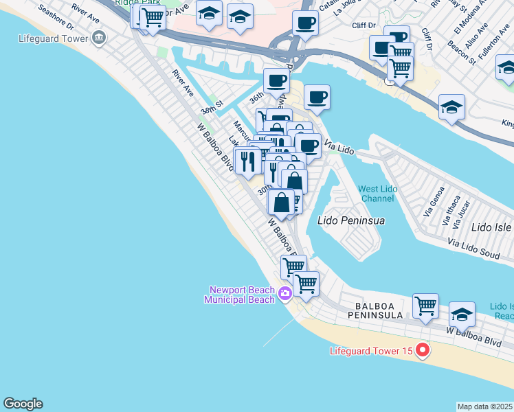 map of restaurants, bars, coffee shops, grocery stores, and more near 127 29th Street in Newport Beach