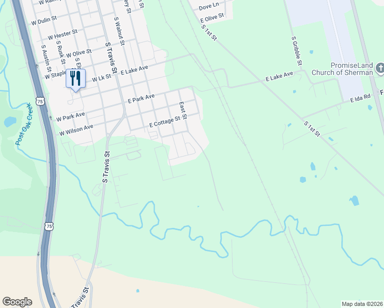 map of restaurants, bars, coffee shops, grocery stores, and more near 2268 East Street in Sherman
