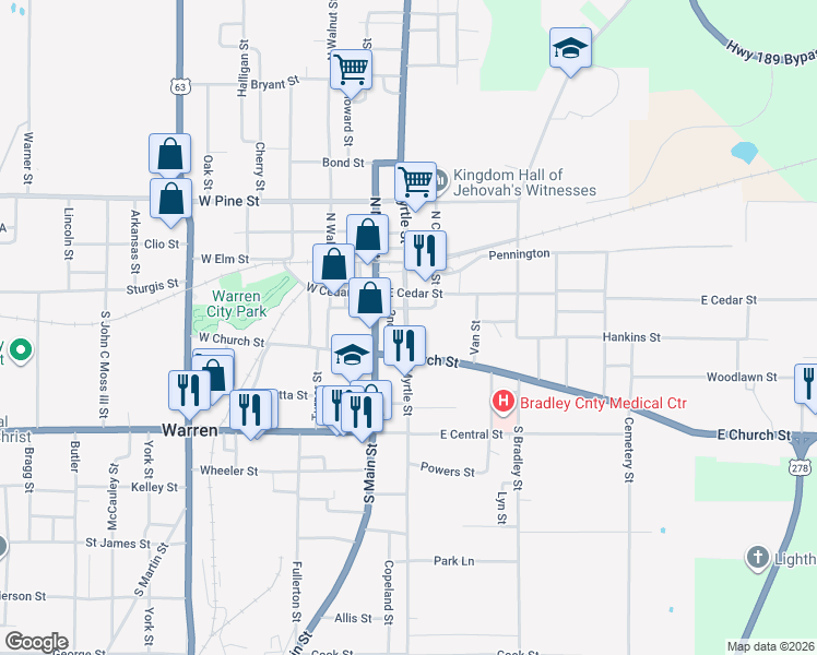 map of restaurants, bars, coffee shops, grocery stores, and more near 207 South Myrtle Street in Warren