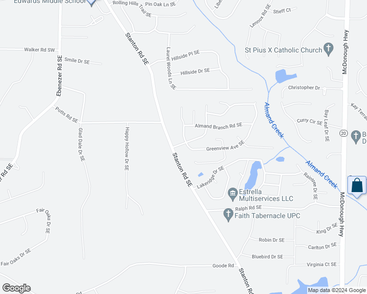 map of restaurants, bars, coffee shops, grocery stores, and more near 521 Stanton Woods Drive Southeast in Conyers