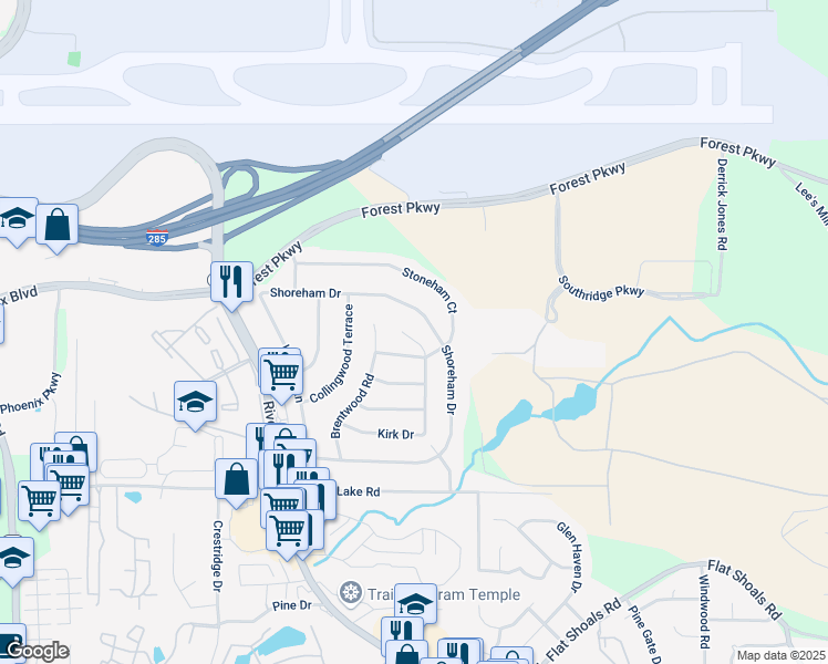 map of restaurants, bars, coffee shops, grocery stores, and more near 5228 Kirk Drive in Atlanta