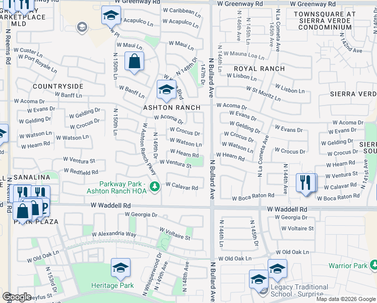 map of restaurants, bars, coffee shops, grocery stores, and more near 14756 West Hearn Road in Surprise