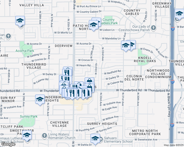 map of restaurants, bars, coffee shops, grocery stores, and more near 3401 North 34th Avenue in Phoenix
